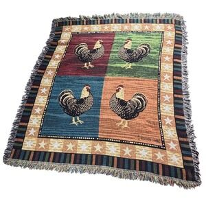 Warren Kimble Rooster Folk Art Woven Tapestry Throw Blanket Fringed 53x58